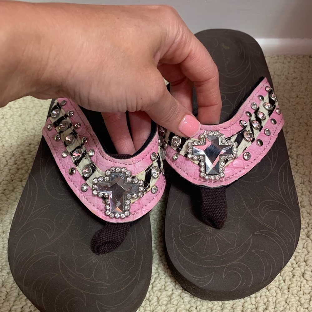 Montana West Cross Pink Zebra Bling Flip Flops View 2